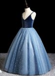 Vintage Blue Girls Princess Spaghetti Straps Velvet Mesh Party Dress