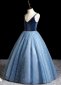 Vintage Blue Girls Princess Spaghetti Straps Velvet Mesh Party Dress