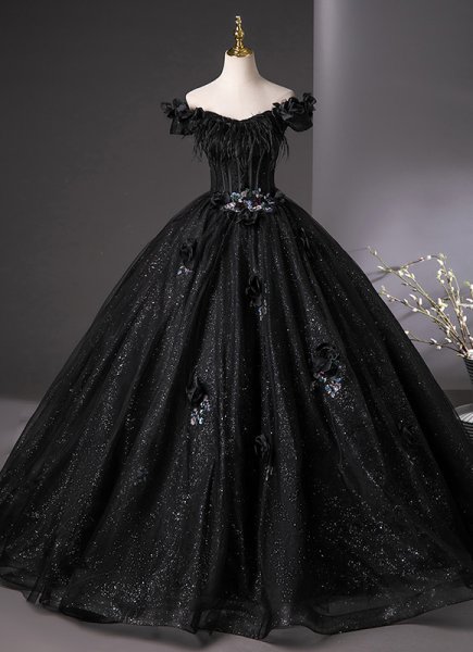 Black Off the Shoulder A-Line Long Corset Evening Dress With Feather