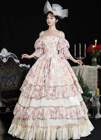 Women Pink Floral Princess Lolita Spaghetti Strap Ball Gown Coming of Age Ceremony Dress