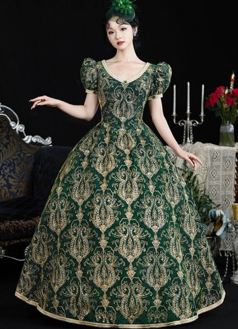 Medieval Vintage Green V-Neck Short Sleeves Embroidery Masquerade Ball Dress