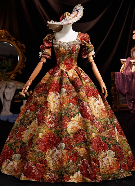 Noble Retro Medieval Multi-Color Printing Birthday Prom Dresses Square Neckline Short Sleeve Backless Beading Long Masquerade Ball Dress