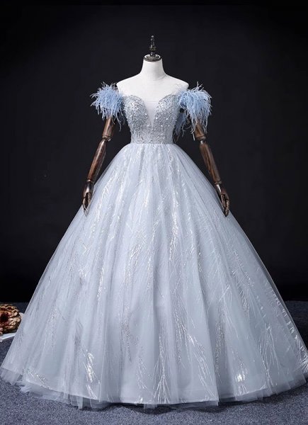 Feather Sleeve Deep V-Neck Long Prom Dress with Sequins Beading