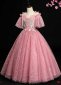 Girls Pink Spaghetti Strap Ruffle Shoulder Tulle Prom Dresses 3