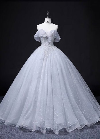 Off The Shoulder Gray Formal Dress with Ruffles Neck