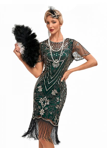 Women Flapper Dresses 1920s V Neck Beaded Fringed Great Gatsby Dress