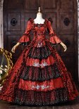 Vintage Red Floral Brocade Long Sleeves Tiered Ruffles Floor Length Masquerade Party Dress
