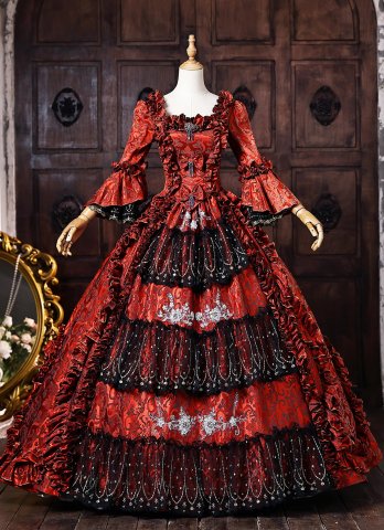Vintage Red Floral Brocade Long Sleeves Tiered Ruffles Floor Length Masquerade Party Dress