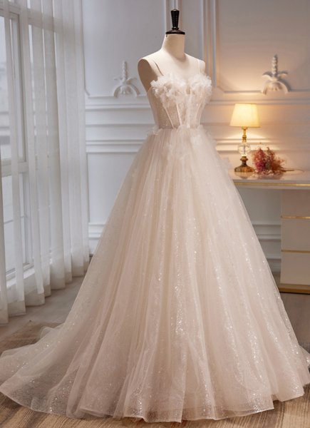 Sparkly Ivory Tulle Spaghetti Strap Appliques Wedding Dress