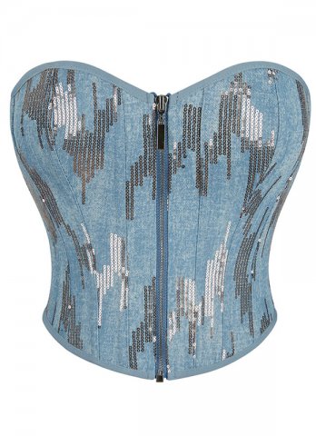 Denim Sequin Corset Top For Front Zips