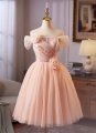 Custom-Made Pink Off-the-Shoulder Beaded Flower Short Cocktail Evening Dress
