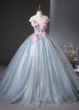 Women light Blue Applique Flower Glitter Tulle Long Prom Dress