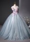 Women light Blue Applique Flower Glitter Tulle Long Prom Dress