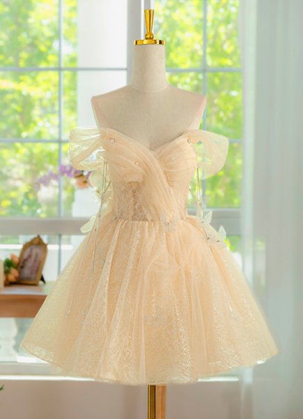 Champagne Off the Shoulder Tulle Short Cocktail Dress