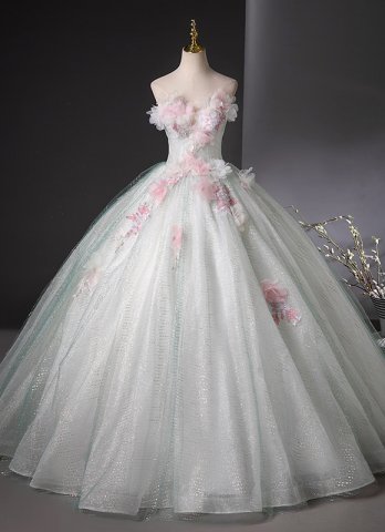 Sparkly Pink Floral Strapless Long Formal Prom Dress