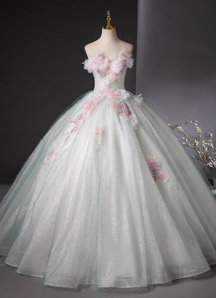 Sparkly Pink Floral Strapless Long Formal Prom Dress