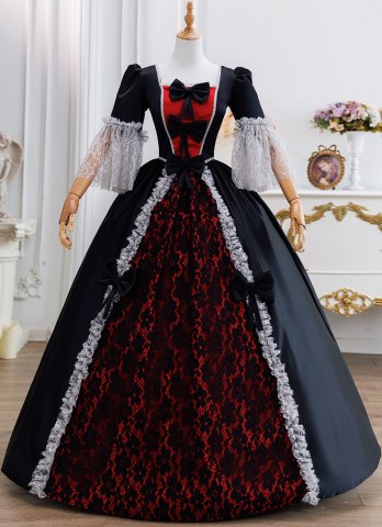 Retro Medieval Black Halloween Prom Dresses Ball Gown Bow Lace Half Sleeves Square Neckline Floor Length Long Vampire Dress
