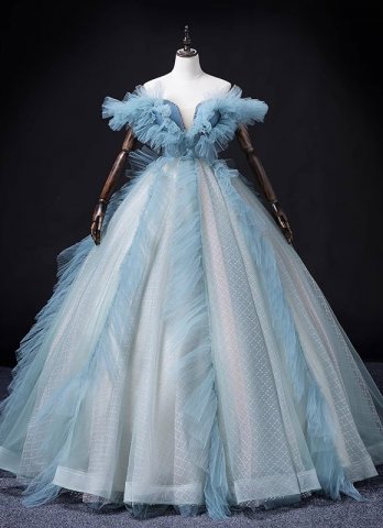 Deep V Neck Gorgeous A Line Blue Tulle Formal Dress