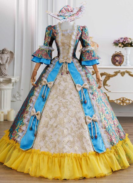 Elegant Blue Floral Brocade Historical European Court Victorian Ball Gown Gold Lace Long Sleeve Floor Length Masquerade Costume