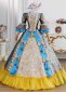 Elegant Blue Floral Brocade Historical European Court Victorian Ball Gown Gold Lace Long Sleeve Floor Length Masquerade Costume