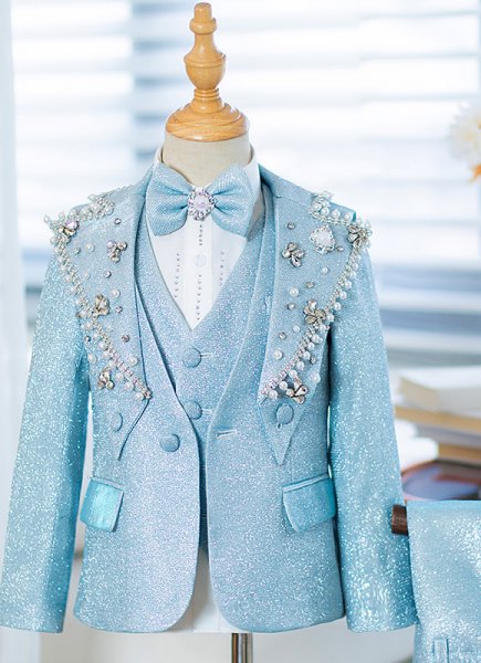 5 Piece Kids Boys Shiny Blue Fashion Blazer Stage Show Children Dress Suits Set
