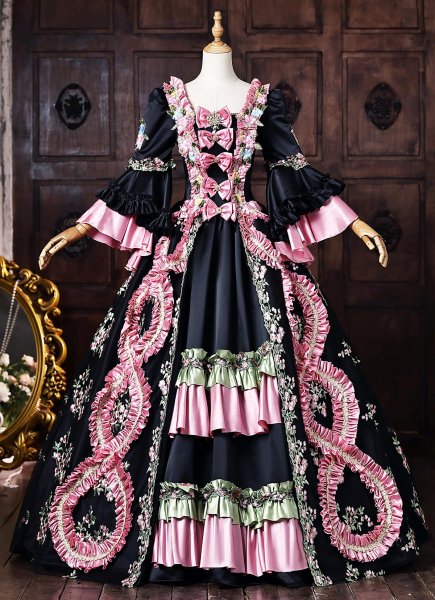Customize Rococo Black Floral Printed Satin Masquerade Dress Pink Ruffle Trim Bow Accents Lolita Costume