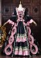 Customize Rococo Black Floral Printed Satin Masquerade Dress Pink Ruffle Trim Bow Accents Lolita Costume