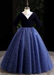 Navy Blue Kids Girls Velvet Tulle Masquerades Formal Dress