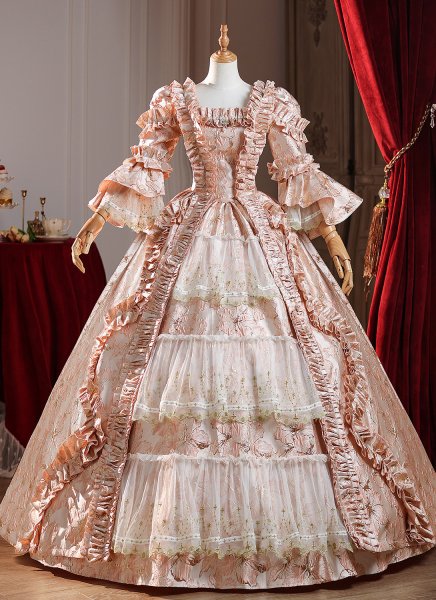 Graceful Retro Pink Floral Masked Prom Ball Gown Square Neckline Long Flare Sleeves Evening Party Dress With Hat