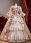 Graceful Retro Pink Floral Masked Prom Ball Gown Square Neckline Long Flare Sleeves Evening Party Dress With Hat