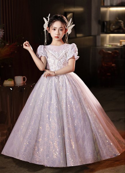 Children Queen Girls Silvery Mesh Birthday Formal Dress