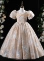 Vintage Champagne Lantern Sleeve Jacquard Dress Banquet Flower Girl Dresses