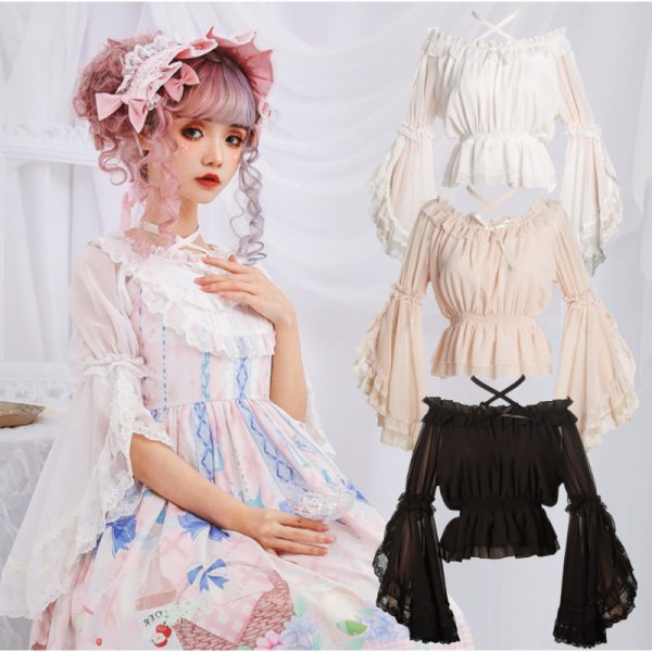 Sweet Women's Summer Chiffon Blouse Flare Sleeve Slash Neck Lolita Top Shirt for Daily All-purpose