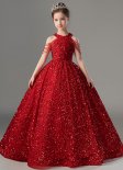 Girls Red Halter Neck Sequin Bead Wedding Christmas Dresses