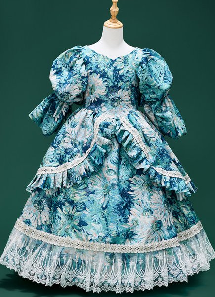 Birthday Girl Vinatge Ball Gown Children Brocade Jacquard Oil Painting Dresses