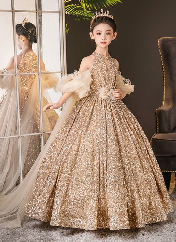 Upscale Girl Gold Sequin Princess Prom Homecoming Dress For Children