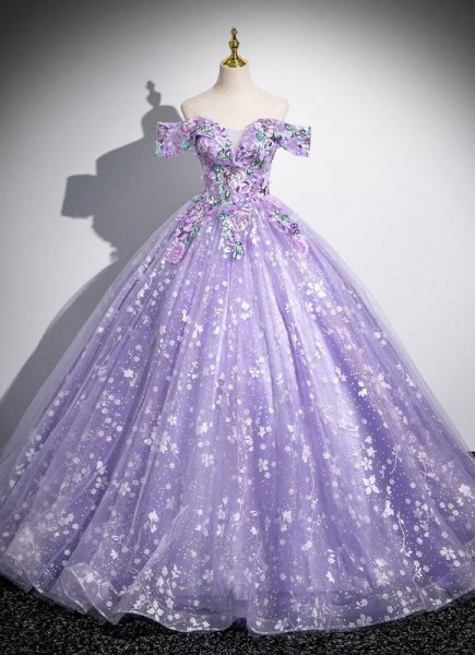 Purple Sequin Applique Off Shoulder Neck Tulle Party Formal Dress