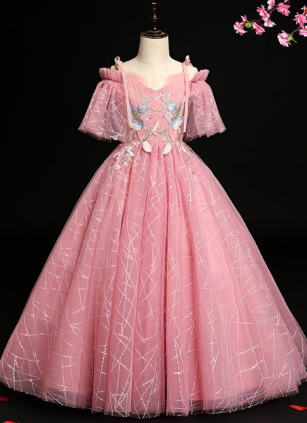 Girls Pink Spaghetti Strap Ruffle Shoulder Tulle Prom Dresses