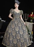 Medieval Vintage Gray V-Neck Short Puff Sleeves Masquerade Party Dress