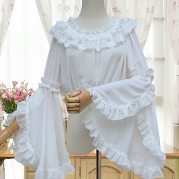 Korean Style Lace Collar Long-Sleeved Flared Sleeves Sweet Lolita Lace Crewneck Elastic Chiffon Shirt Top