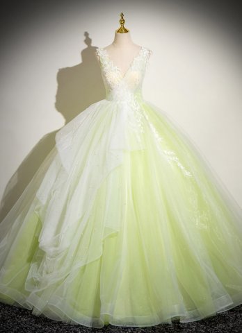 Deep V-Neck Lemon Yellow Tulle Embroidery Beading Long Prom Dress