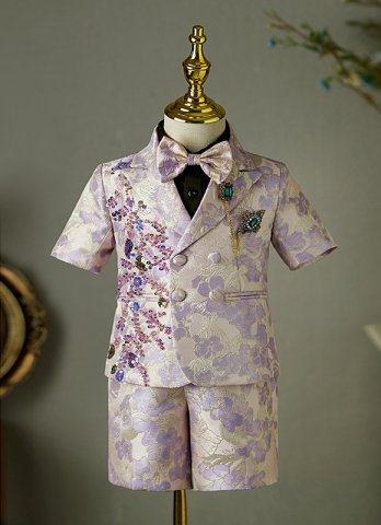 Boys Suit Formal Tuexdo Purple Jacquard Slim Fit 5 Pieces Suit Set Jacket Pants for Wedding Prom Party