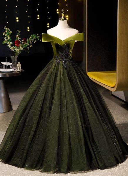 Army Green Sexy Tulle Off Shoulder Evening Dress