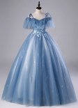 Princess Blue Spaghetti Straps Embroidery Tulle Holiday Party Dress