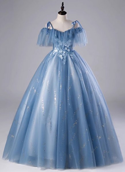 Princess Blue Spaghetti Straps Embroidery Tulle Holiday Party Dress