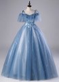 Princess Blue Spaghetti Straps Embroidery Tulle Holiday Party Dress