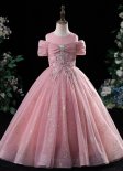 Children Little Girls Pink Off Shoulder Embroidery Applique Tulle Dress
