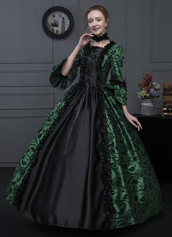 Women Renaissance Green Brocade Victorian Dresses Gothic Lace Long Sleeve Gowns Theater Costume