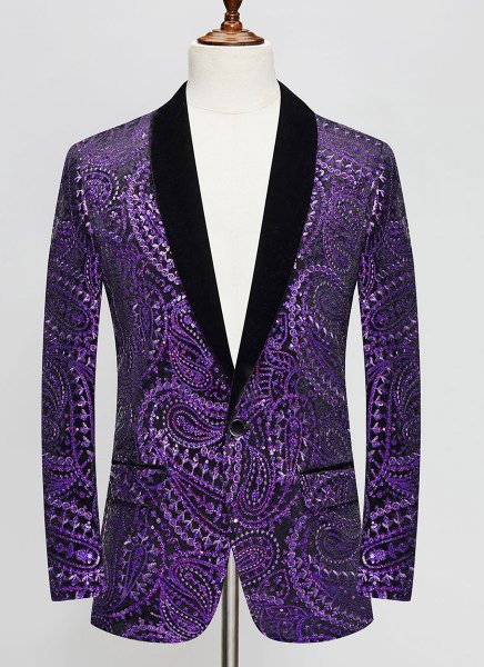 Men Purple Cashew Flower Shiny Sequin Floral Shawl Lapel Suit Jacket Weddings Prom Banquets Formal Blazer