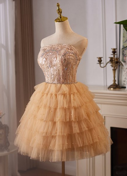 Khaki Off the Shoulder Sequin Tulle Cake Short Date Night Dress